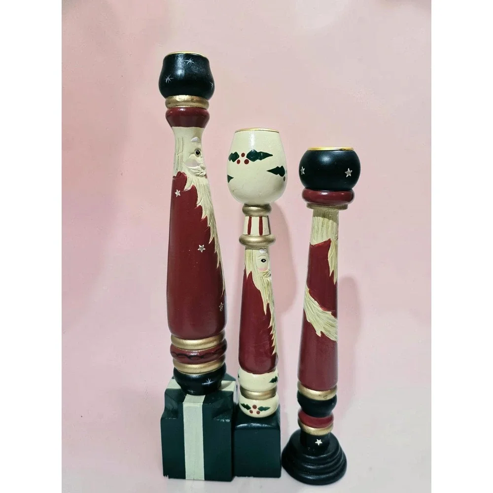 Set of 3 HOUSE OF LLOYD Christmas Around The World Wooden Candlestick Holders